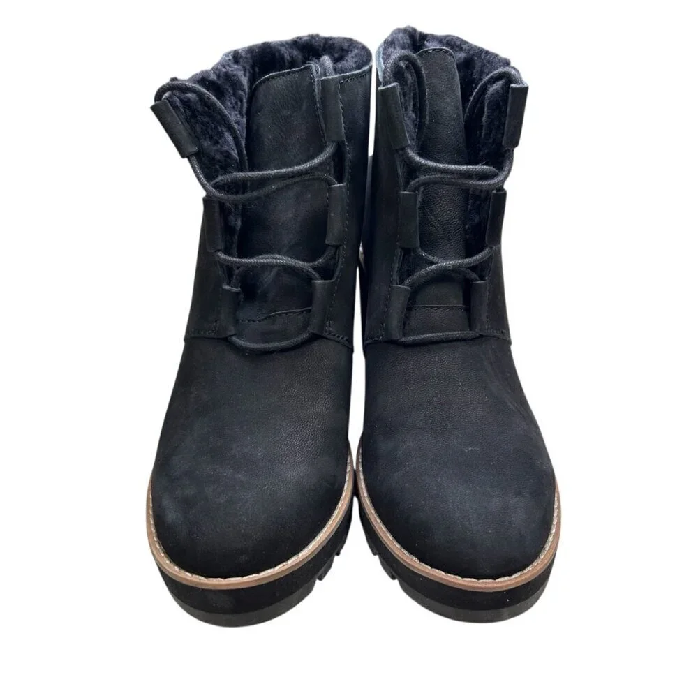 Eileen Fisher Alpine Wedge Suede Shearling Boot 8.5 Lace Up Black Cabincore Cozy